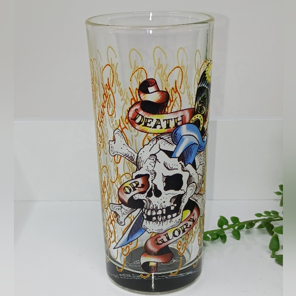 Ed Hardy By Christian Audigier Skull Art Glass with Colorful Design